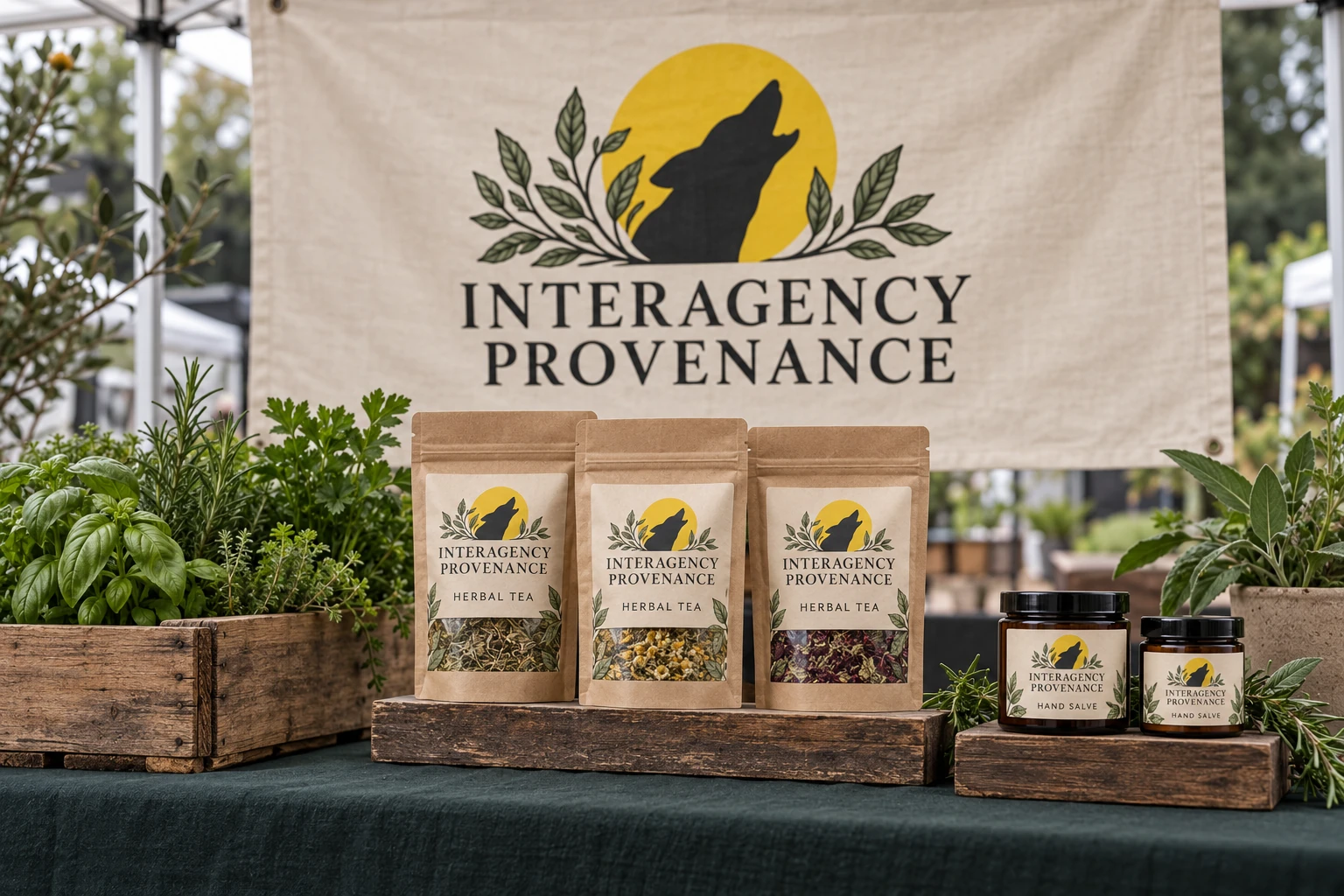 Concept for an Interagency Provenance market display with cream banner, herbs and botanical goods