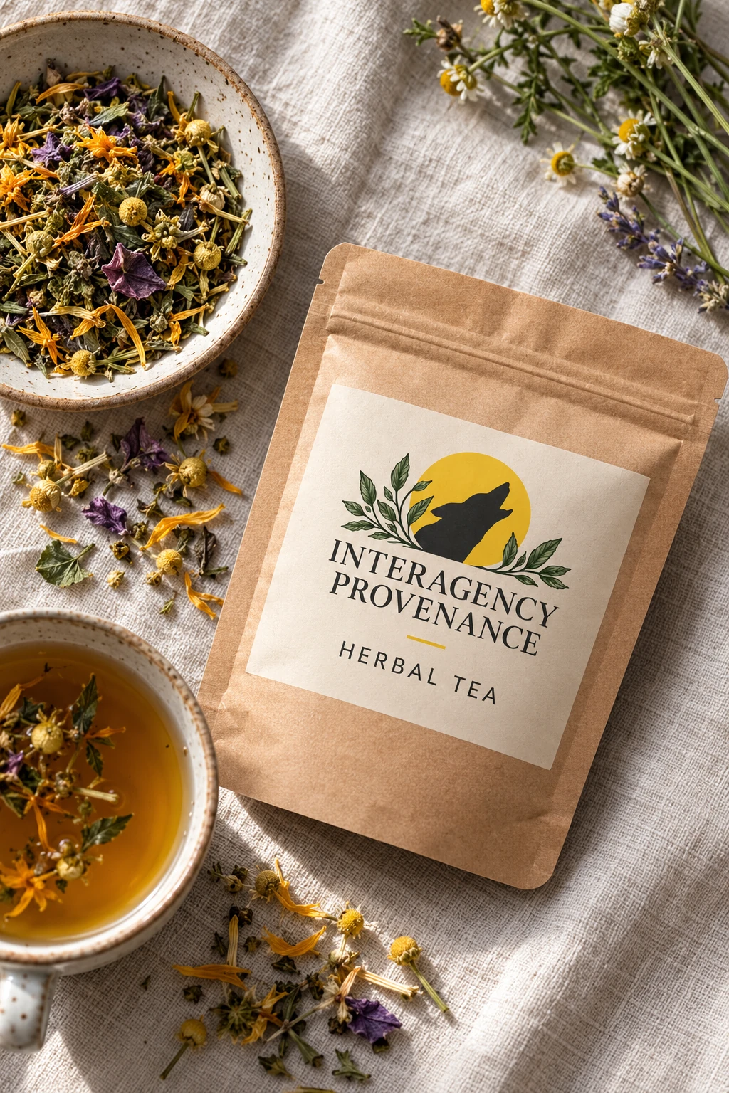 Herbal tea packaging beside dried herbs and a cup of tea on linen; product concept